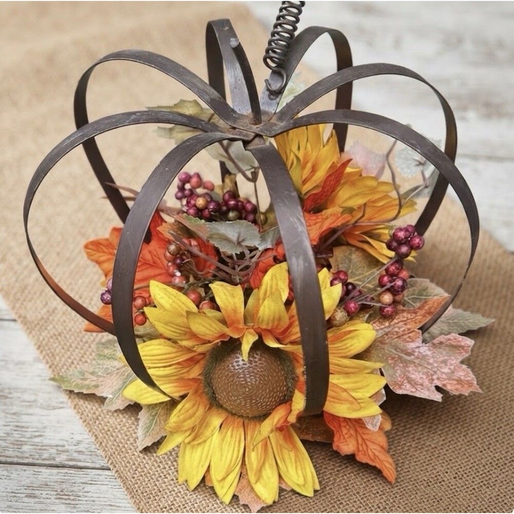 Rustic Metal Wire Pumpkin Fall Autumn Decor Sunflower Berries Centerpiece 10"